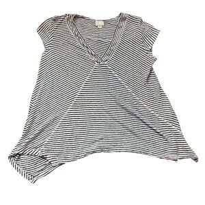 Anthropologie Striped V-Neck Linen-Blend T-Shirt Cap Sleeves Womens Medium